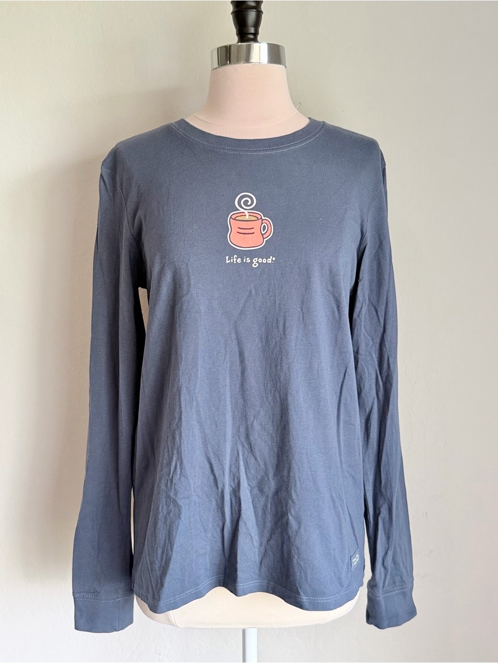 Life is Good Long-Sleeve Crusher Tee Hot Mug Graphic, Blue, 100% Cotton, Medium
